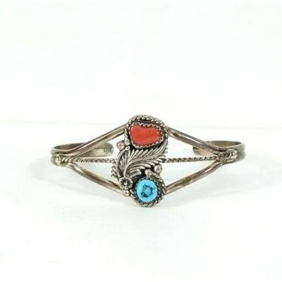 Southwestern Turquoise dual Stone  Cuff Bracelet - Sterling Silver vintage - Picture 1 of 11